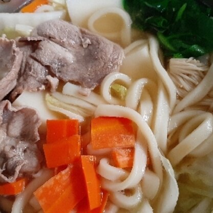 冷蔵庫にあった残り野菜、うどん2玉、豚肉、冷凍にんじんで作りました。有難うございました。